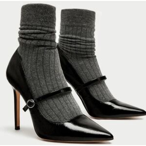 ZARA Black Leather Gray Sock Mary Jane High Heelsl Size 6